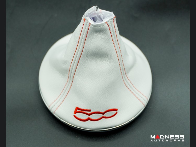 FIAT 500 Gear Shift Boot + Retaining Ring Set White ecoLeather w/ Red